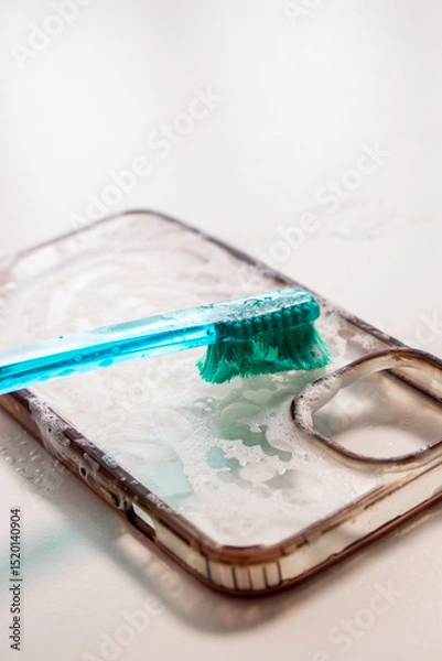 Fototapeta Smartphone case being cleaned with a toothbrush and soap, showcasing a close-up of the cleaning process, highlighting the importance of device maintenance and hygiene practices