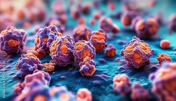 Fototapeta Microscopic view of cancer cells, detailed 3D medical illustration of tumor growth on tissue surface