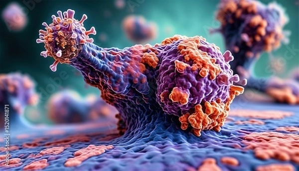 Fototapeta Microscopic view of cancer cells, detailed 3D medical illustration of tumor growth on tissue surface