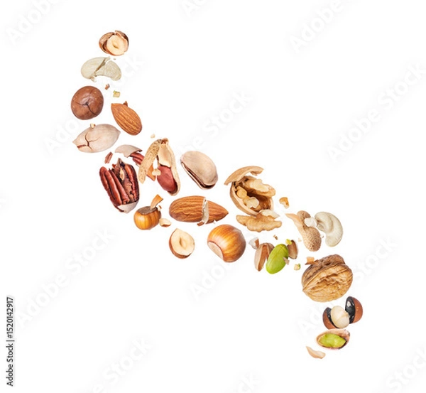 Fototapeta Assorted nuts arranged in a curved shape on a white background