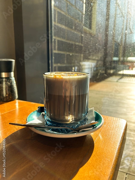 Fototapeta Closeup image of served cup of hot latte coffee with sweet topping on vintage wooden table in cafe. Vertical image.