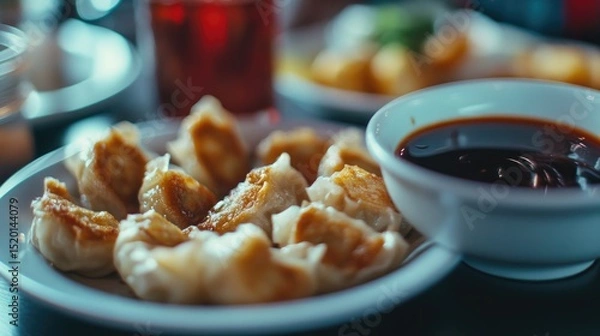 Fototapeta High contrast lighting illuminating golden edges of crispy dim sum next to soy sauce bowl