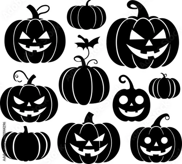 Fototapeta Collection of halloween pumpkins and a little bat halloween, vector, silhouette,  illustration, horizontal, isolated assets, on transparent background