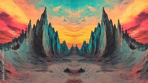 Fototapeta Jagged mountain columns layered into the distance beneath a vibrant, cloudy sunset sky