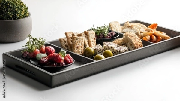 Fototapeta A divided tray with strawberries, crackers, cheese, olives, bread, and jam on a white surface