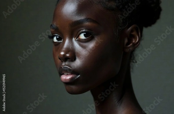 Fototapeta Sophisticated image of a black young woman portrayed with elegance and charm. Dark background. Close up face for fashion shooting campaign.