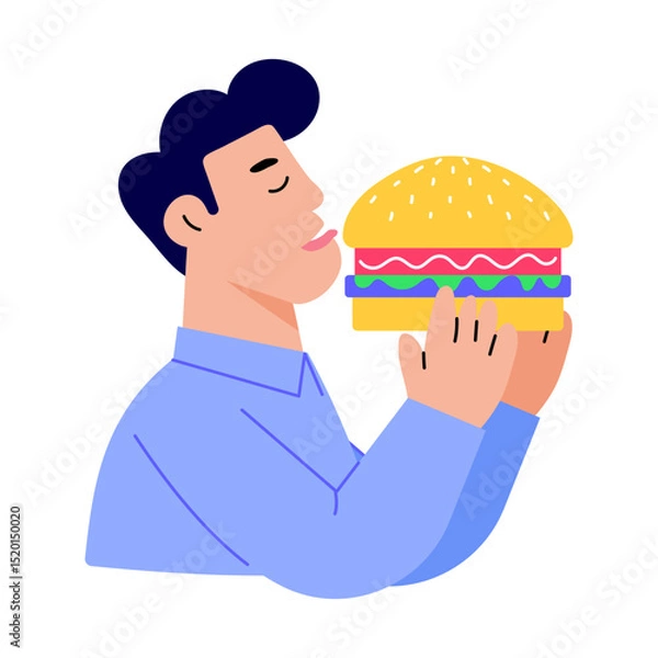 Obraz A flat style illustration showing person eating burger with joy