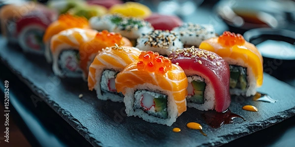 Fototapeta Indulge in Vibrant and Flavorful Japanese Cuisine, Art of Sushi, Discover the Delight of Fresh and Colorful Rolls, A close-up of sushi rolls on a refined black tray