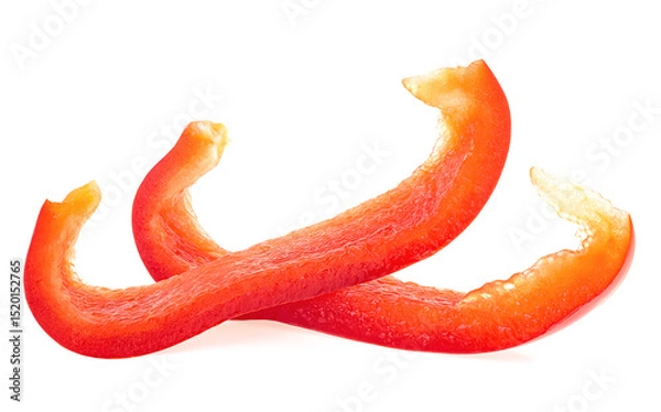 Fototapeta Sweet pepper slices isolated on a white background, paprika. Red bell pepper sticks.