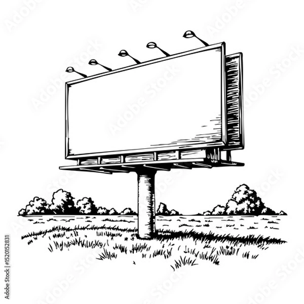 Fototapeta Vintage sketch of a blank billboard in a grassy field  