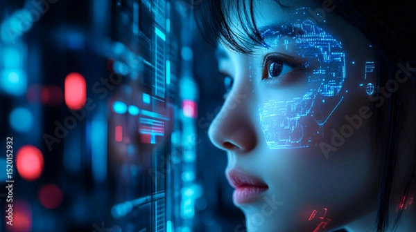 Fototapeta Cyberpunk Vision, Exploring the Intersection of Technology and Human Identity, Unveiling the Next Frontier of Digital Innovation, Education technology concept Women use Laplets Learn online webinars