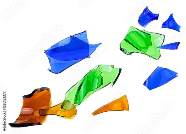 Fototapeta Pieces of broken glass different colors isolated on a white background, top view. Glass shards, broken bottle.