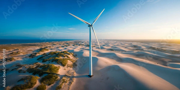 Fototapeta Vista aérea dos cataventos no litoral do Ceará gerando energia limpa e renovável sobre dunas de areia, vegetação de restinga e dunas semi fixas