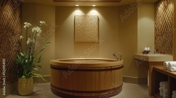 Fototapeta Japanese-style wooden soaking tub in a serene spa environment with soft lighting and bamboo accents