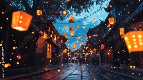 Fototapeta Lantern-lit street scene in a preserved area of old Shanghai with traditional architecture