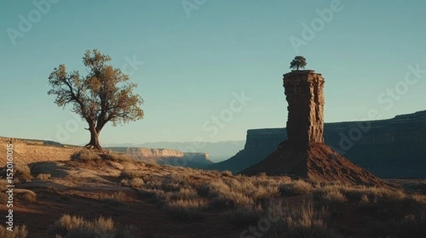Fototapeta Lonely sandstone column rising from the valley with a tree growing at its peak