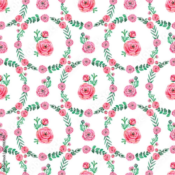 Fototapeta Sweet pink flower watercolor seamless pattern. Soft pastel colors water color seamless pattern for beauty products or other.
