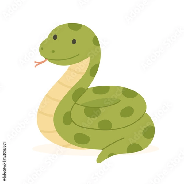 Fototapeta Smiling cartoon anaconda in cute pose, green snake illustration with spots, anaconda perfect for educational designs, jungle themes, or animal alphabet learning materials.