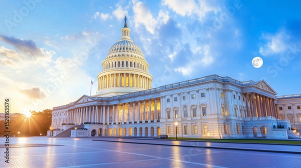 Obraz US Capitol building shining at night in Washington DC with dome and flag under a clear sky