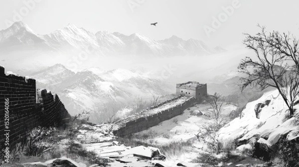Fototapeta Long section of the Great Wall covered in early morning frost, surrounded by a winter landscape of snow-dusted peaks