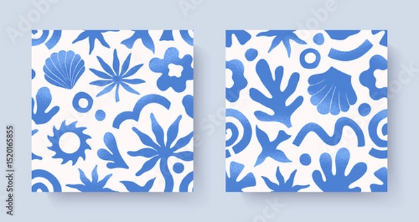 Fototapeta Summer tropical seamless patterns with hand drawn nature organic elements:palm,sun,coral,seashell,bird,wave.Trendy backgrounds for banners,smm,branding,textile,covers,prints.Summer vacation aesthetic