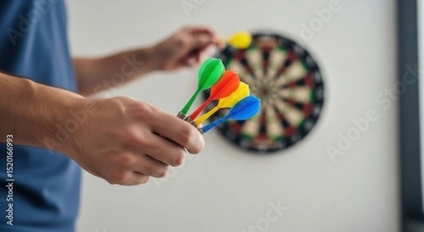 Obraz Man holding colorful darts in his hand, preparing to throw at a blurred dartboard in the background. Indoor game.