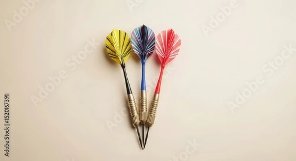 Obraz Three colorful darts with yellow, blue, and red flights. Professional sport equipment for competition and target board.