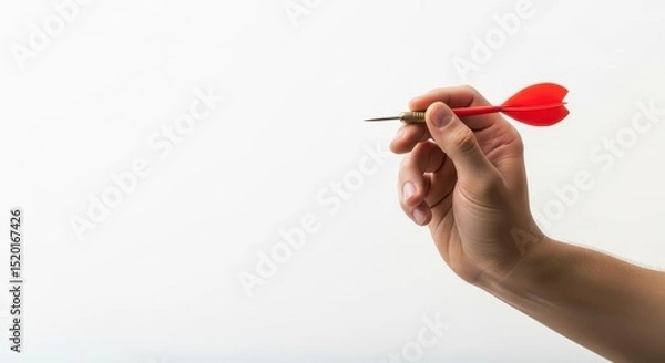 Obraz A hand of a man holding a red dart ready to throw on a white background. Aiming for an accurate target. Achieving goal concept.