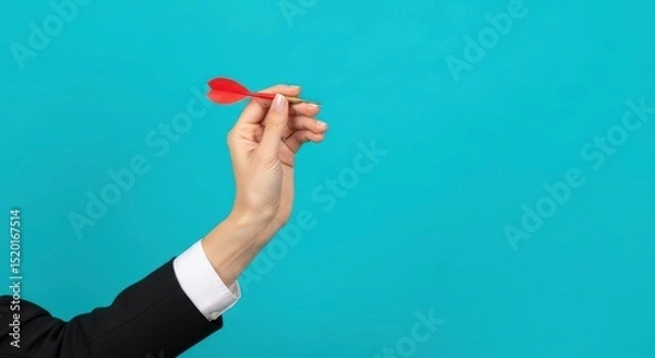 Obraz Woman holding a red dart, poised to throw against a blue background. Concept of accuracy, success, and strategic thinking.