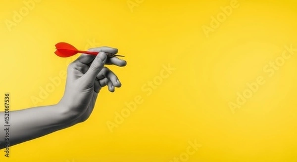 Obraz Hand holding a red dart on a yellow background. Concept of accuracy, precision, and focus. Game of darts for leisure activity.