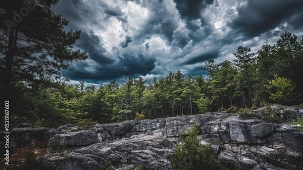 Fototapeta Long view of the forest park with dramatic cloudscape and layered stone towers