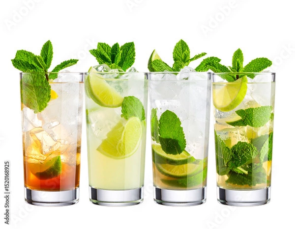 Fototapeta Isolated PNG image of bundle of Moscow Mule, Mint Julep, Caipirinha, and Gin Rickey cocktails.