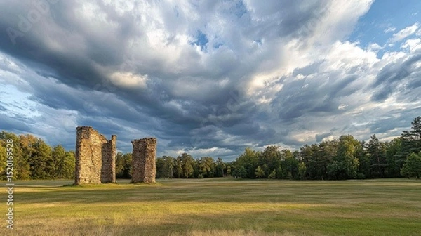 Fototapeta Long view of the forest park with dramatic cloudscape and layered stone towers
