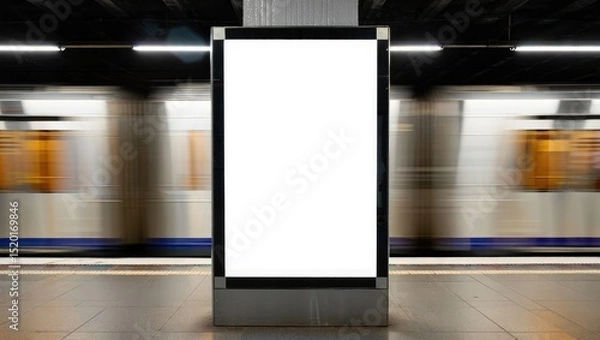 Fototapeta Empty advertisement display in NYC subway station. Fast moving train visible in background. Modern marketing media template. Mock up poster. Vertical design. Realistic 3D render. Ideal for urban