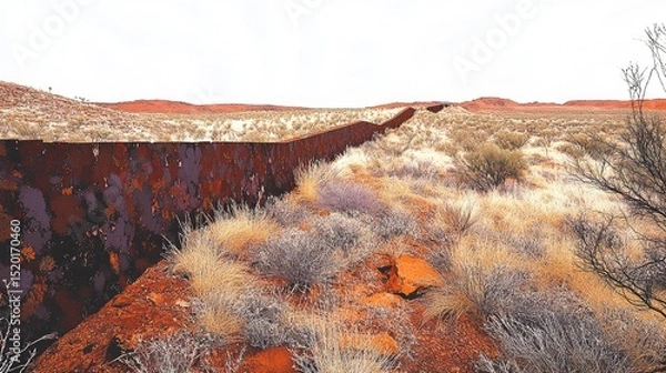 Fototapeta Long wall extending through an arid region, blending with the brown tones of the dry landscape