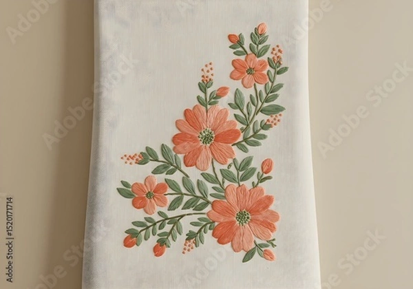 Obraz Embroidered Linen Tea Towel with Floral Motifs