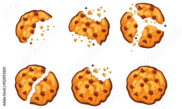 Fototapeta Chocolate chip cookies with crumbles bitten and broken. Cookies with crumbs vector set. Bitten cookie with chocolate chips cartoon illustration set.