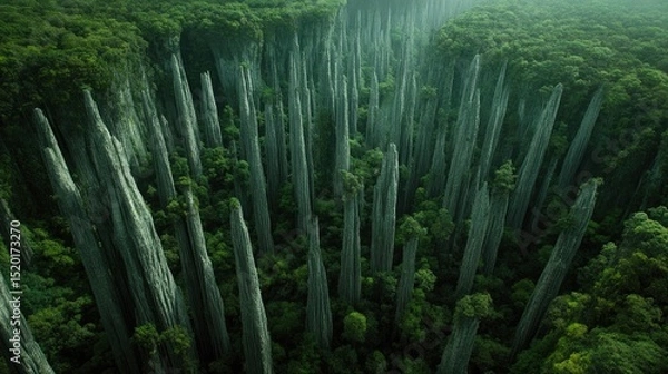 Fototapeta Lush valley floor surrounded by steep cliffs and towering vertical formations covered in trees