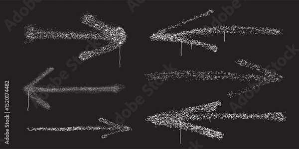 Fototapeta Set of graffiti arrows with overspray in white. Vector grunge arrows on black background. Graffiti spray arrows in different directions with drips and dry brush texture.