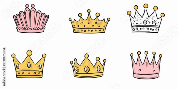 Obraz Set of six hand drawn doodle crowns in pink and yellow gold with jewels and simple line art style isolated on white background vector illustration royalty tiara regal accessories collection