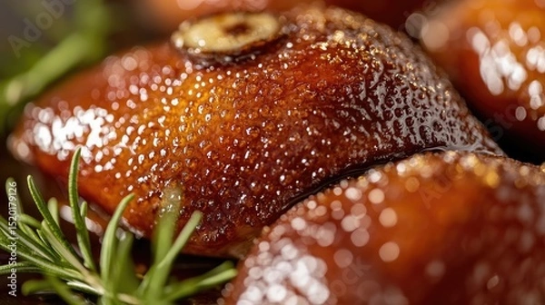 Fototapeta Macro shot of crispy duck skin revealing glistening texture and rich caramelized glaze