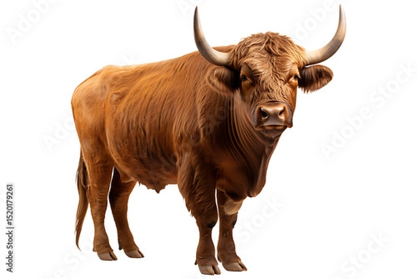 Fototapeta Side view of horned bull standing isolated on transparent background