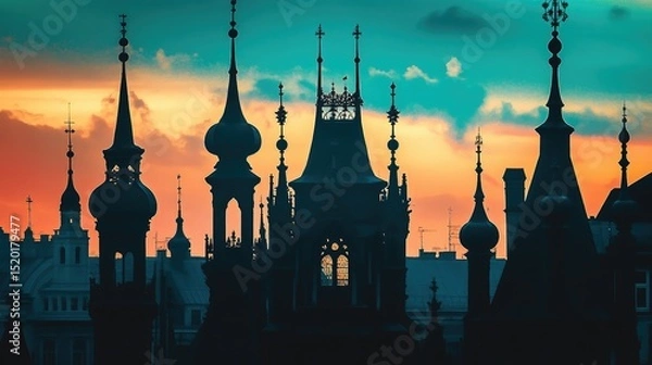 Fototapeta Majestic spires in silhouette against a dusky sky with fading ambient light