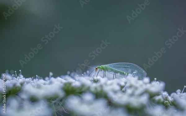 Fototapeta closeup shot of a green lacewing feeding nectar on a white flower in meadow