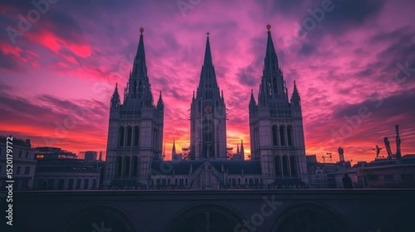 Fototapeta Majestic spires in silhouette against a dusky sky with fading ambient light