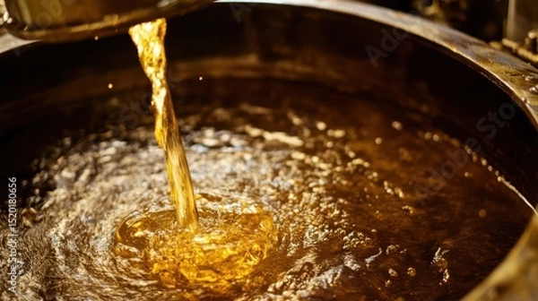 Obraz Flowing Liquid Gold in Industrial Pot for Food or Oil Processing
