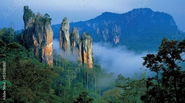 Fototapeta Massive vertical rock columns stretching toward the sky framed by dense subtropical forest