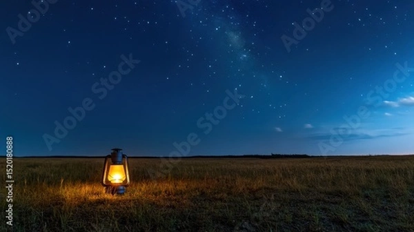 Obraz A vintage lantern casts a warm glow in a wide-open field under a star-filled night sky. The peaceful atmosphere invites contemplation and connection with nature.