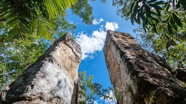 Fototapeta Massive vertical rock columns stretching toward the sky framed by dense subtropical forest