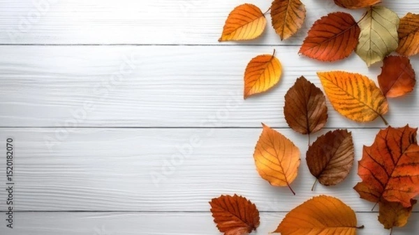Obraz Vibrant red, orange, and yellow leaves lie scattered on a white wooden surface, highlighting the beauty of autumn. The warm colors evoke a sense of calm and seasonal change.